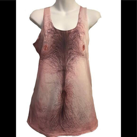 Tops - Graphic Sleeveless Tank Hair Chest Design Top Large